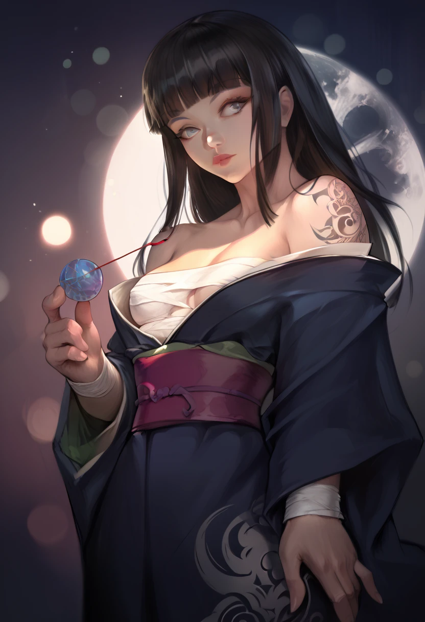 score_9, score_8_up, score_7_up, score_6_up, 1girl, Asian, kimono, off the shoulder, bandaged chest, tattoos on arm, blunt bangs, straight black hair, grey eyes, bokeh, high resolution, high quality, super detailed, sharp focus, ultra realistic, perfect lighting, perfect colors, perfect perspective, balanced composition, award-winning photographer, photo-realistic, ultra realistic
