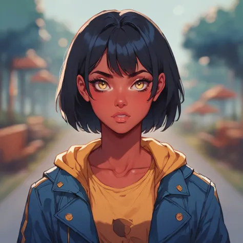 anime girl with black hair and yellow shirt standing in a park, artgerm and atey ghailan, anime style portrait, digital anime il...