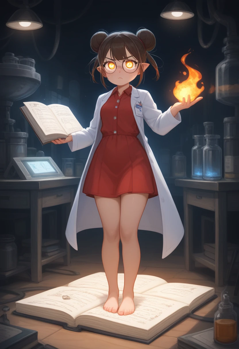 A young girl with a serious expression, wearing glasses with fiery golden eyes, and small freckles on her face. er soft, caramel-brown skin has a smooth, warm texture that adds a natural glow and she wears a scientist's lab coat, with a deep red dress underneath. She has a unique hairstyle, consisting of two round hair buns, and a long, thin mouse-like tail. She has whiskers on her face, but maintains human ears. Her posture is slightly hunched, as if studying, while holding an open book full of scientific notes. She is standing barefoot, in a dimly lit setting with shadows surrounding her, giving an air of mystery. The environment feels like a cave or lab, with a focused, intelligent atmosphere. detailed face, extremely detailed eyes, masterpiece, 4k, 8k, high-res, ultra-detailed, physically-based rendering, vivid colors, studio lighting cinematic lighting, dramatic lighting, dramatic composition, dynamic pose, volumetric lighting, Nice ass, B-cups, Cute breasts, shapely figure, Serious expression, glowing eyes, freckles, Full Body