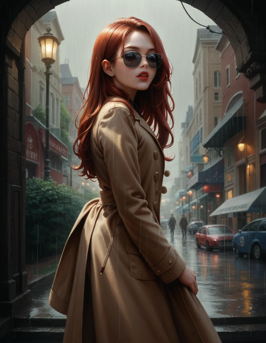 Masterpiece, top quality, illustration, {beautiful detail girl}, beautiful glow in detail, crossdressing beauty, (black jacket and trench coat), sunglasses, laughter, fangs removed, vampire, indigo eyes, rainy street corner, rain, detailed lighting, detailed water, (beautiful detailed eyes: 1.1), expressionless palace, (short hair), long bangs, hair between the eyes, top half,