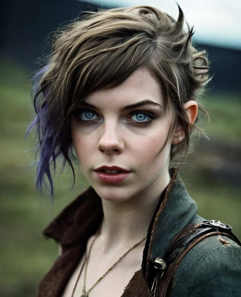 cute elf, (teenage elf  with extremely cute eyes)), (((elf))), ((((high resolution))), (((extremely detailed))), ((masterpiece)), looks like Anya Taylor-Joy/Liv Tyler, dramatic shadows, depth of field, analog photo style, (world in which are collide steampunk and post-apocalyptic vibes), post-apocalyptic cute female in steampunk aesthetic, torn dirty clothes, depth of field, full body shot, unzoomed, (perfect body: 1.4), (sidecut short hairstyle), (stalking is quite common, although not the best way to make a living), stylized atmosphere of unreality, dark atmosphere, dynamic pose, in motion, Armageddon, increase cinematic lighting, highly lifelike skin texture, parted lips, weary eyes, fine eyes, whitened skin, random hair colour, doomsday aura