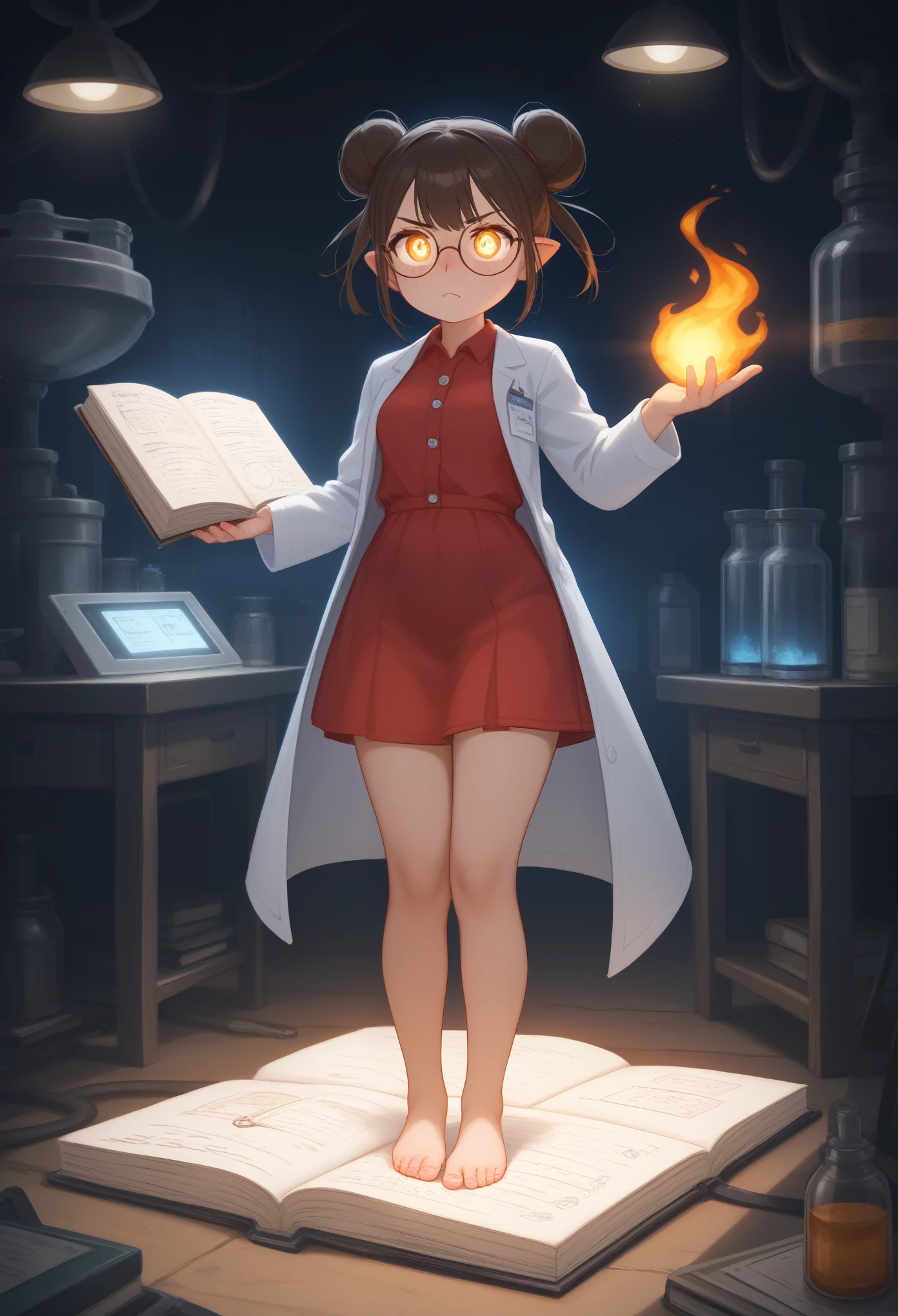 A young girl with a serious expression, wearing glasses with fiery golden eyes, and small freckles on her face. er soft, caramel-brown skin has a smooth, warm texture that adds a natural glow and she wears a scientist's lab coat, with a deep red dress underneath. She has a unique hairstyle, consisting of two round hair buns, and a long, thin mouse-like tail. She has whiskers on her face, but maintains human ears. Her posture is slightly hunched, as if studying, while holding an open book full of scientific notes. She is standing barefoot, in a dimly lit setting with shadows surrounding her, giving an air of mystery. The environment feels like a cave or lab, with a focused, intelligent atmosphere. detailed face, extremely detailed eyes, masterpiece, 4k, 8k, high-res, ultra-detailed, physically-based rendering, vivid colors, studio lighting cinematic lighting, dramatic lighting, dramatic composition, dynamic pose, volumetric lighting, Nice ass, B-cups, Cute breasts, shapely figure, Serious expression, glowing eyes, freckles, Full Body