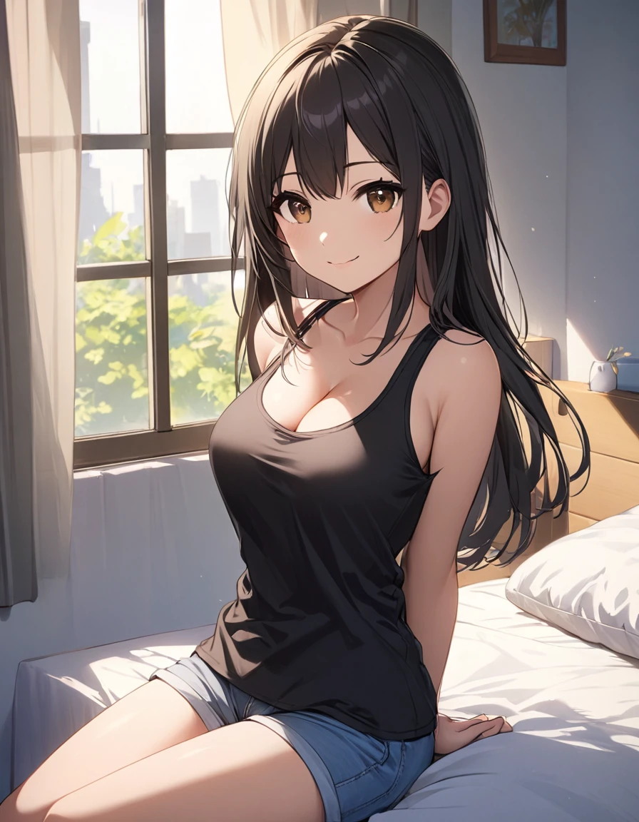 4k, bestquality, detailed, detailed scenery, detailed eyes, 1Girl, cute, adorable, straight hair, long hair, black hair, brown eyes, cleavage, smiling, looking at the camera, sitting on bed, morning, daylight, (arms behind back:1.5), V arms, keep elbows straight, Tank Top, High-Waisted Shorts