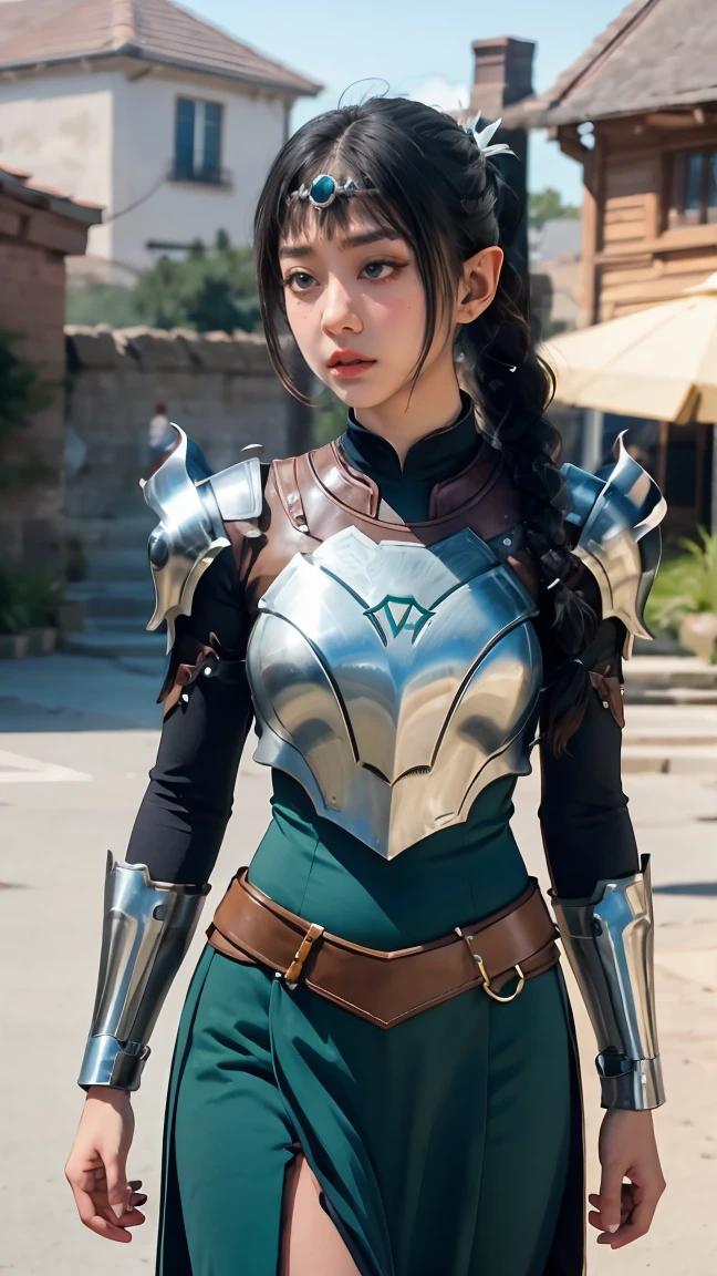 masterpiece, best quality, highres BREAK
dsshadowheart, black hair, long hair, ponytail, bangs, braid, hair ornament, pointy ears, green eyes, circlet, armor, breastplate, pauldrons, 1girl, solo BREAK
standing, castle town, medieval, street, detailed background
