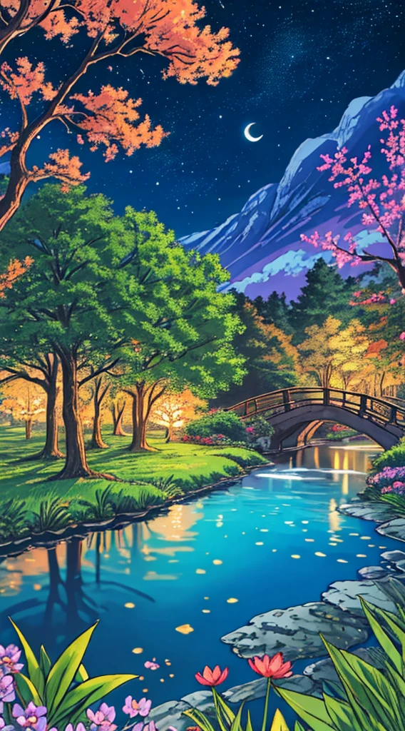 "Anime nature wallpaper of a lively forest clearing with colorful flowers, animated trees, and a crystal-clear pond reflecting the night sky. Warm, festive colors with stars twinkling, creating a magical and joyous atmosphere."