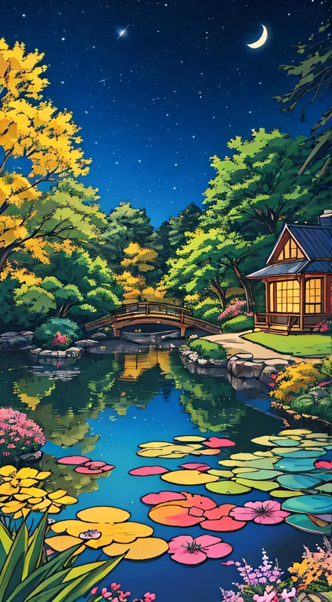 "anime nature wallpaper of a lively forest clearing with colorful flowers, animated trees, and a crystal-clear pond reflecting t...