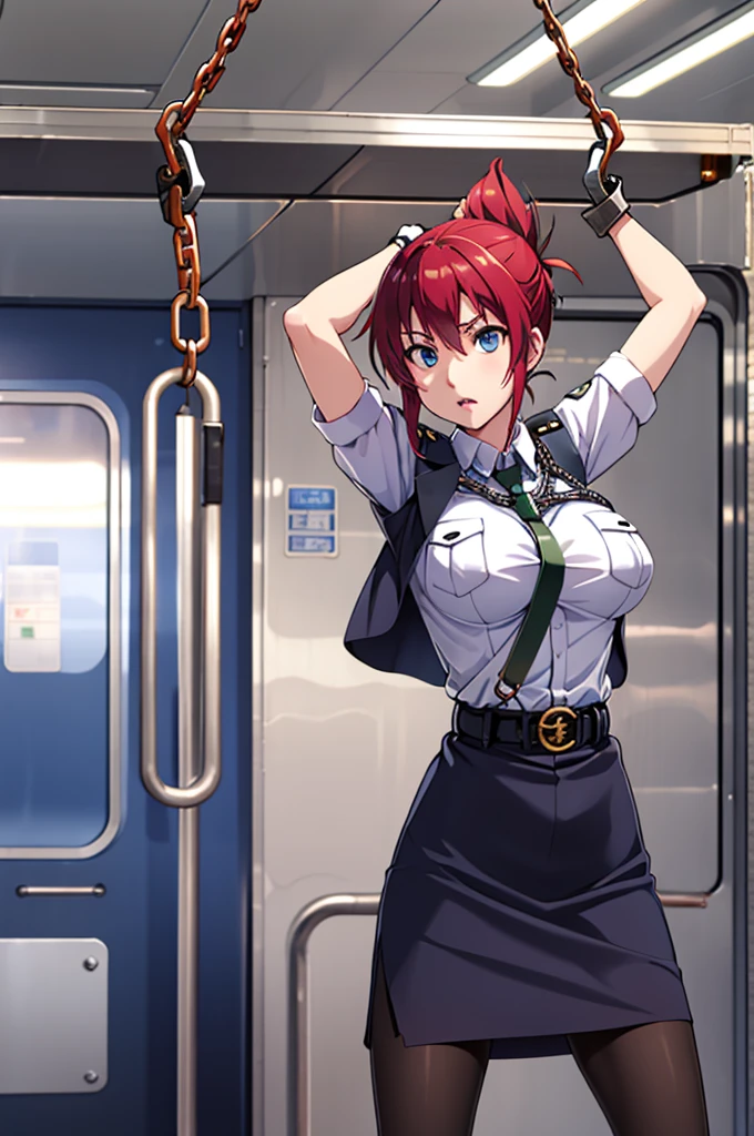 masterpiece, Best Quality, High resolution, Aoi 1, One girl, Alone, Redhead, Folded ponytail, blue eyes, skirt, tie, White gloves, Police uniform, belt, Black Pantyhose, jacket, Armband, Large Breasts, Cowboy Shot, Standing, on the train, train interior,  arms up, spread legs,BDSM,chain, chained, (shackles:1.5), torture, restrained