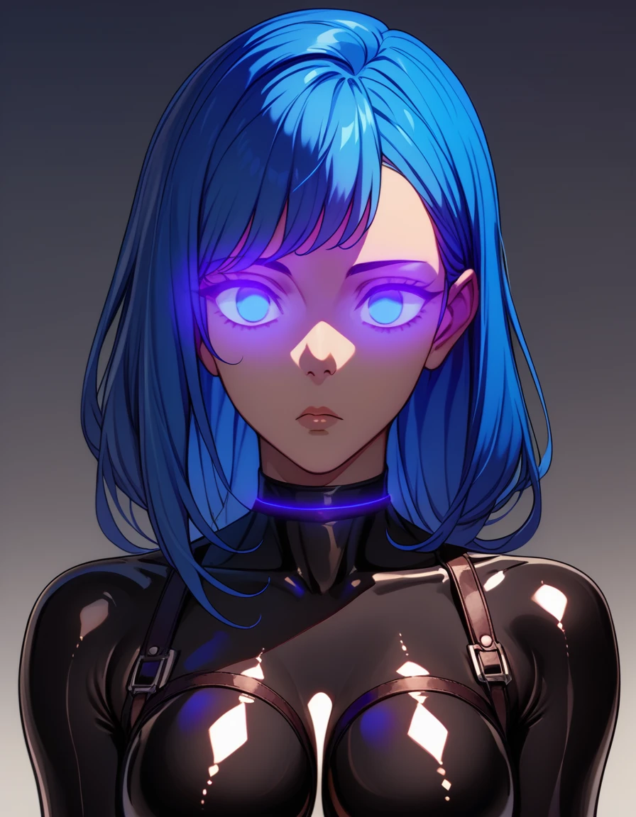 score_9, score_8_superior, score_7_superior_anime,cast sugar cane, blue eyes, blue hair , straight hair, breasts,  choker,(( stand up,salute)), Cowboy Shot, (((Black latex bodysuit))),empty eyes, (Expressionless, glowing eyes),