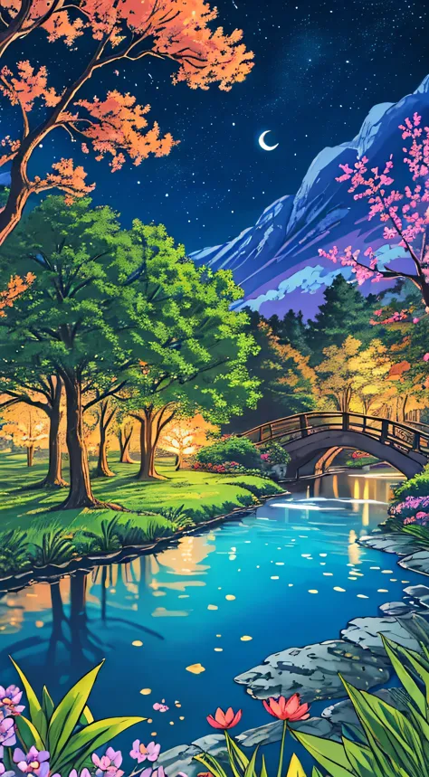 "anime nature wallpaper of a lively forest clearing with colorful flowers, animated trees, and a crystal-clear pond reflecting t...