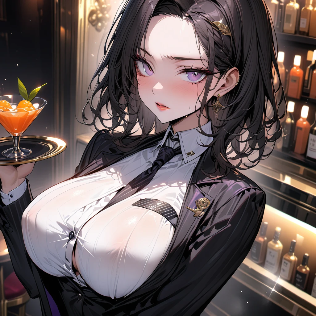 High resolution、detailed、masterpiece、Score 10、masterpiece、(elite,sexy,bartender、girl) One Woman、kissing me Big Breasts、Glamorous body、Beautiful lips、Serving cocktail drinks that you have made