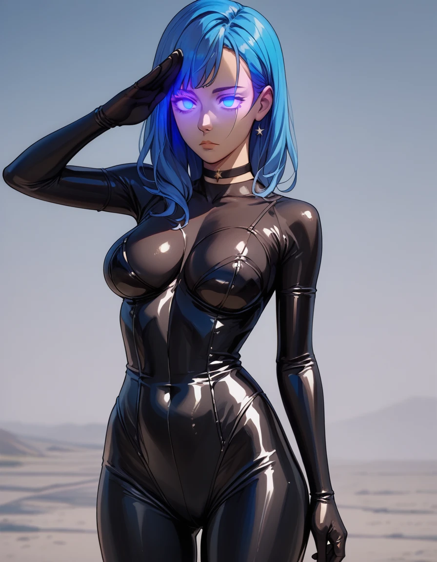 score_9, score_8_superior, score_7_superior_anime,cast sugar cane, blue eyes, blue hair , straight hair, breasts,  choker,(( stand up,salute)), Cowboy Shot, (((Black latex bodysuit))),empty eyes, (Expressionless, glowing eyes),