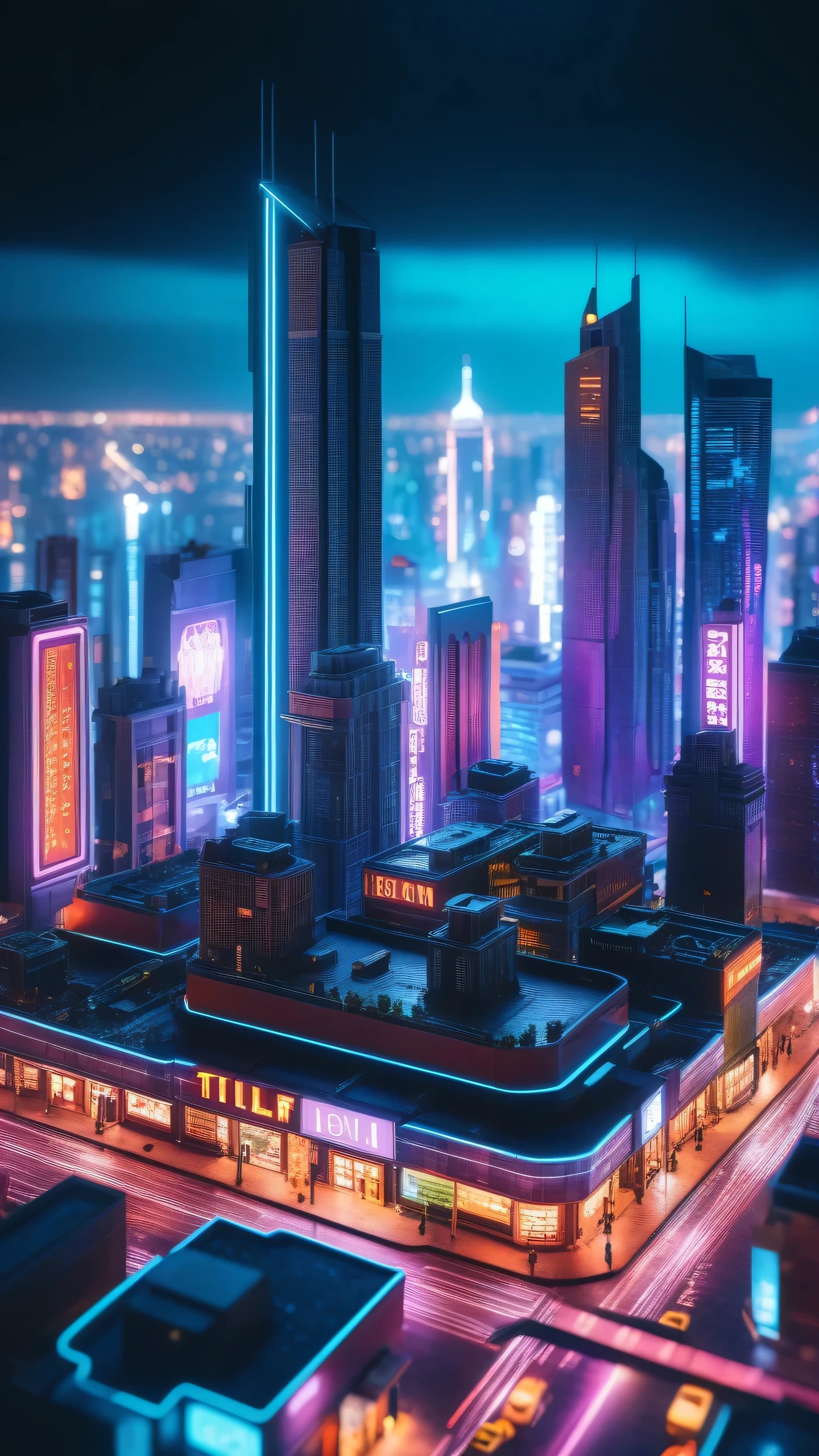 a neon-lit futuristic cyberpunk city, tilt-shift miniature photography, detailed cityscape, 4k, photorealistic, hyper-detailed, dramatic lighting, neon signs, skyscrapers, flying cars, glowing windows, intricate architecture, urban decay, moody atmosphere, vibrant colors, cinematic composition