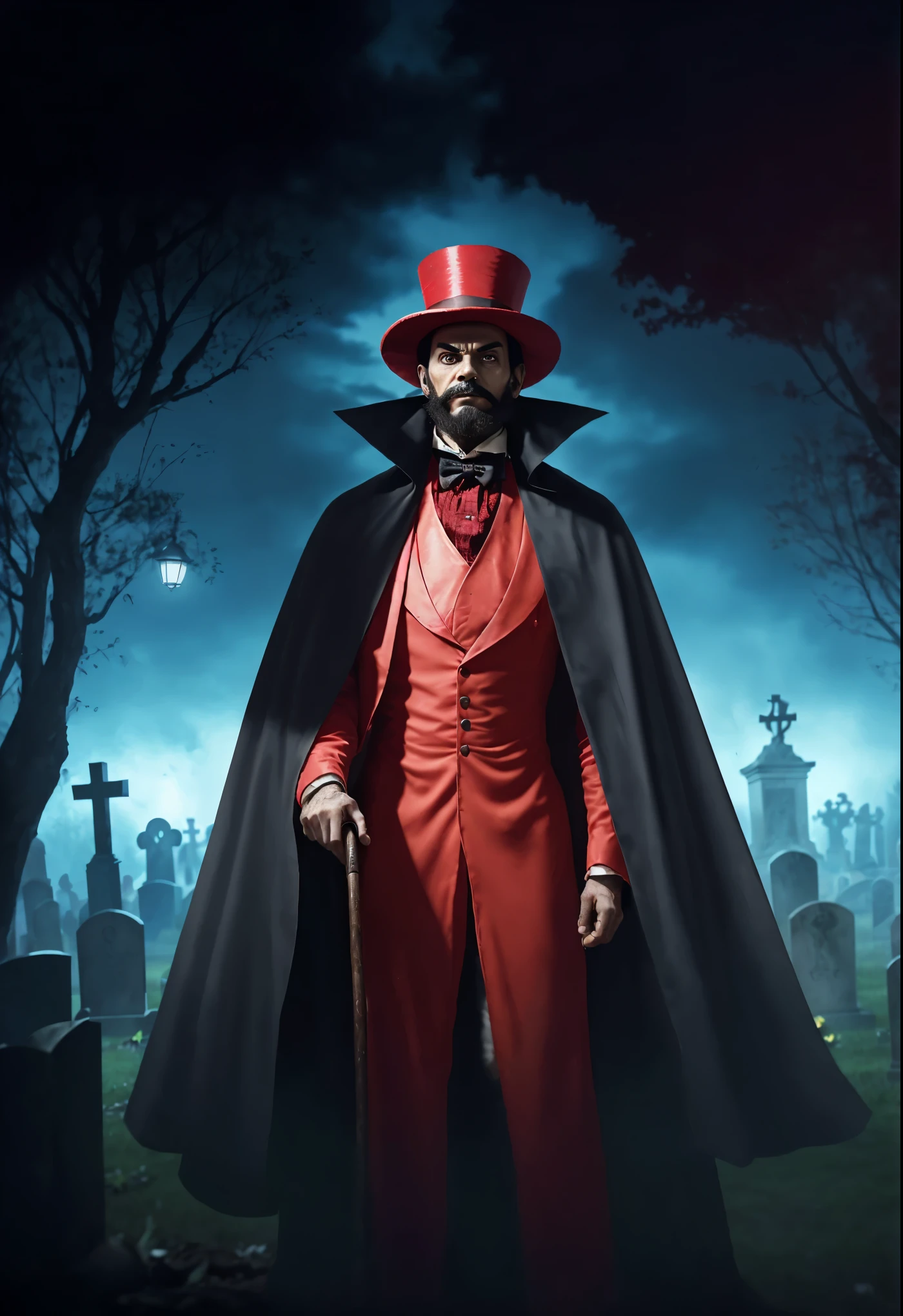 Digital illustration style 2.5D de um homem Latino de pele escura (Latino), use beard, he is wearing a red top hat, red clothes and a long black cape, a graveyard wizard, Elegant man, a shadow wizard, PENETRATING LOOK e sombrio, PENETRATING LOOK, he holds a cane, sinister scenario, dark image, dark night light.