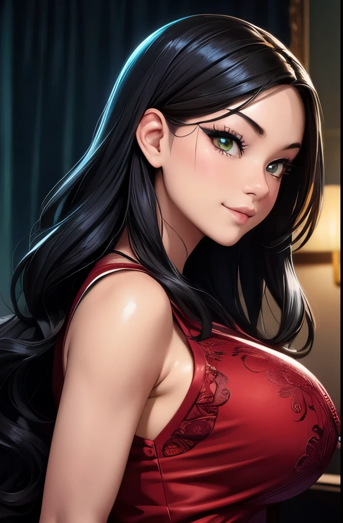 Realistic, a glamour shot of a shy Asian waifu with a wide smile (extremely long wavy black hair), hand on her chin, hard nipples, big ass, leaning toward the viewer, cowgirl pose, with Smokey eyeshadow and knowing smile, heavy eyeshadow and mascara, wearing an evening dress, underboob, side boob, insanely detailed face and green eyes, intricate, hyper-detailed bedroom, a romantic evening, digital illustration, masterpiece, beautiful eyes, atmospheric lighting, centered, perfect anatomy, glowing eyes, candid portrait, clear, very detailed, smooth, sharp focus, focused on the viewer