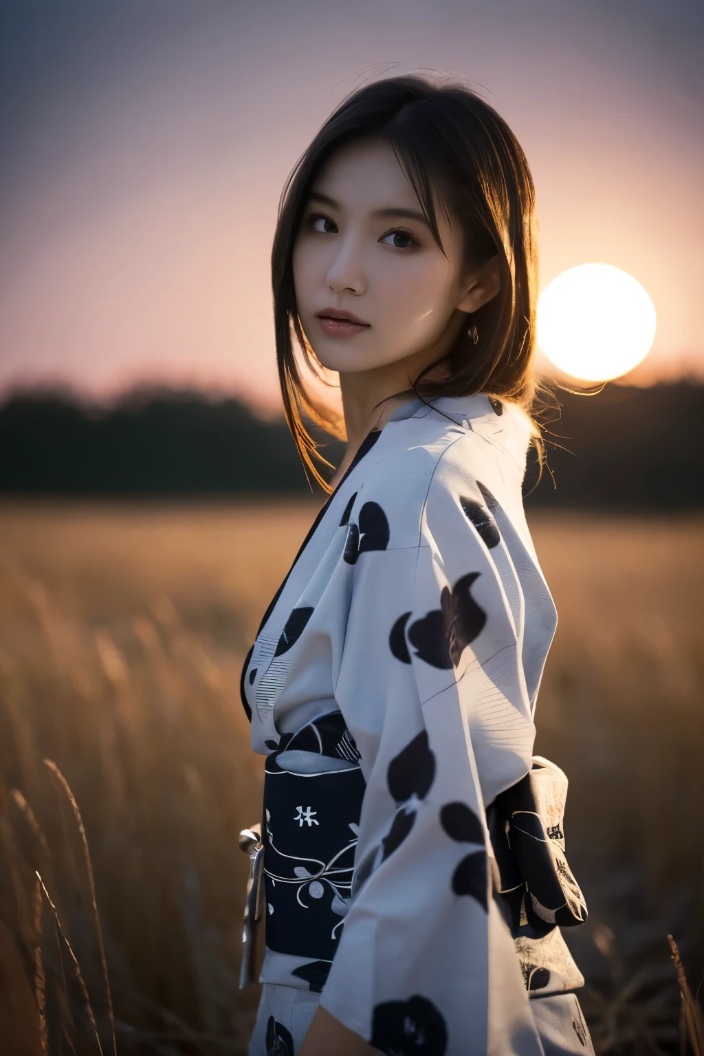 1 girl, (She is wearing a cute yukata:1.2), Very beautiful Japanese idol portraits(RAW Photo Best Quality), (Realistic, Realistic:1.4), (masterpiece), 
Very delicate and beautiful, Very detailed, 2k wallpaper, wonderful, finely, Very detailed CG Unity 8K wallpaper, Very detailed, High resolution, Soft Light, 
Beautiful detailed girl, Very detailed目と顔, Beautiful and sophisticated nose, Beautiful beautiful eyes, Cinema Lighting, 
(Late Autumn Moonlit Night、I was standing in a desolate field:1.3), (Big Moon), (Full-body silhouette of a girl floating in the moonlight:1.2), (Dark screen:1.5), (Desolate landscape), (I&#39;m so lonely),
(Medium Hair), (Hair blowing in the wind), 
Perfect anatomy, Slender body, Small breasts