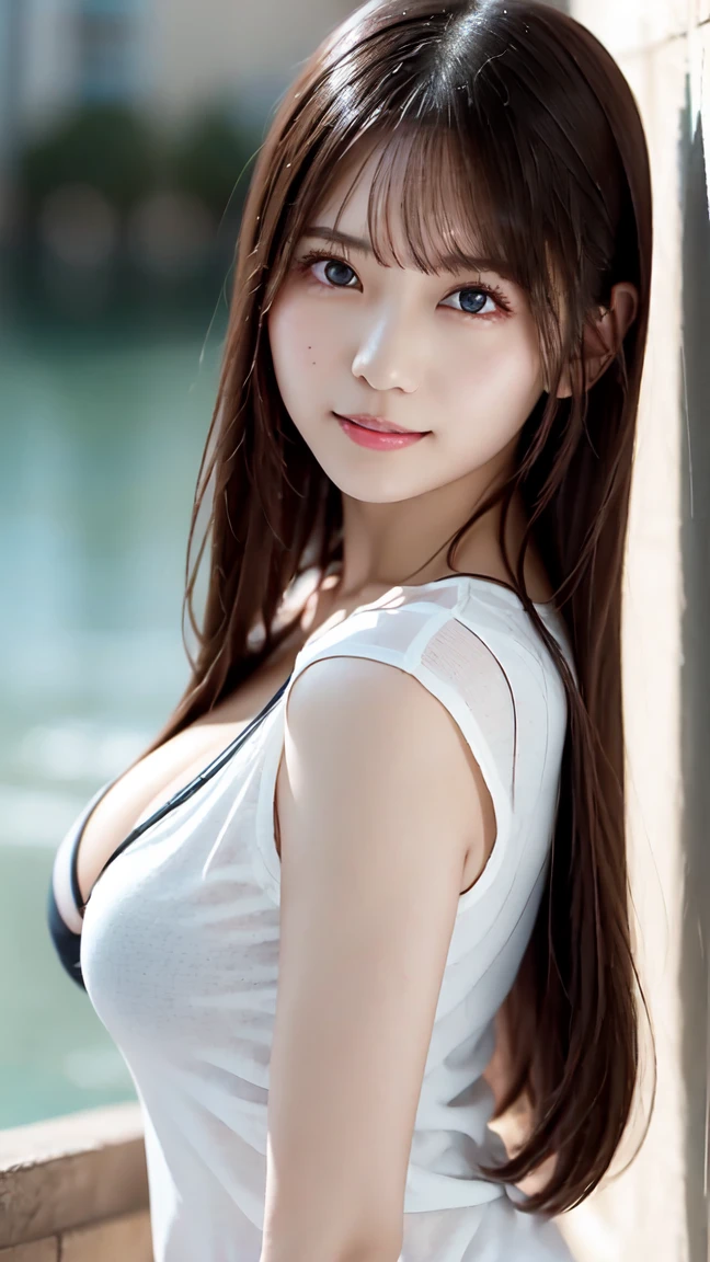 White shirt、Shorts、Full body shot、Complex and beautiful eyes、woman、womanらしい髪型、Black Hair、Natural color lip、Bold and sexy、smile、sea、((18歳woman:1.2))、Young and adorable Japanese face, Official Art，Highly detailed CG Unity 8k wallpaper，（masterpiece:1.0),(Best Quality:1.0), 超High resolution,4K,Very detailed, photo shoot, 8k, NFFSW, High resolution, Kodak Portrait 400, Film Grain, Lens flare glow,高いest quality,8k,NFFSW:1.2),Portrait Shot,8k、Show Viewer, ((Front View)), Facing、Cleavage、Nipples