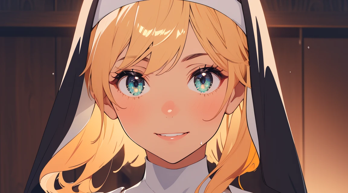 8k, cowboy shot, visual anime of a cute girl, best anime girl, Ecchi anime style, BREAK, seductive lady, (((long blonde hair, shiny hair ))), detailed eyes and face, Defined tabs, eyeshadow, crystal clear eyes, detailed lips, beautiful detailed eyes,  ojos color azul claro big breasts, , voluptuous, light visible, BREAK,   green eyes, by rubio, long shiny hair, big breasts, High resolution, beautiful detailed eyes, extremely detailed face, good lighting, Detailed CG, bright lips, BREAK, (((wearing a black nun&#39;s habit))), ((big cleavage round breasts)), black miniskirt,  black high heel sneakers, Black sheer tights, light, wet between the legs, wet on the breasts,  white panties, sweaty skin, in dynamic pose, smiling seductively at the viewer,  round butt, buttocks, turned,  BREAK, Smooth texture, thighs, feminine curves, perfect anatomy, Round tight ass and small crotch, Beautiful leg lines:1.3, thick thighs,  BREAK,  in a convent with stained glass windows. 