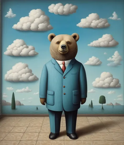 rene magritte style, (cute, chubby, male, bear), hires textures, highly detailed, intricate details, best quality, masterpiece