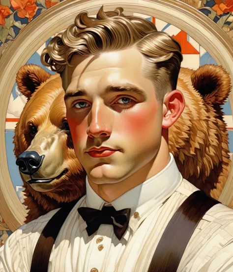 j.c. leyendecker style page, (cute, chubby, male, bear), hires textures, highly detailed, intricate details, best quality, maste...