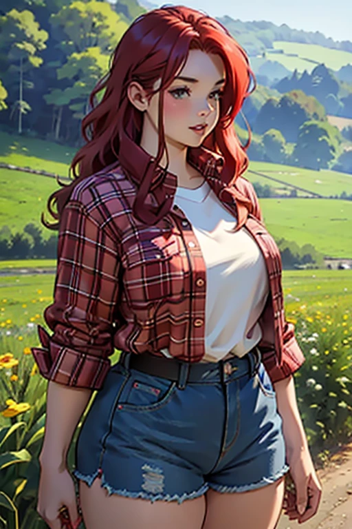 highest quality image, big farm girl , long red hair, big lips, bbw, chubby, Red flannel shirt unbuttoned, low waist denim shorts, , countryside