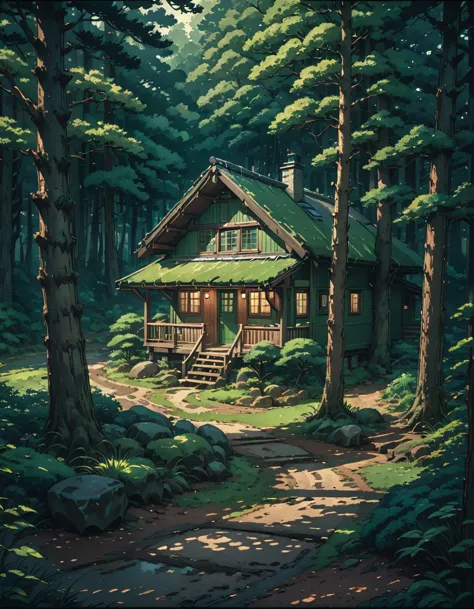 front view, a green wooden cabin, in the woods, forest, pine trees, shade, sunlight coming in from canopy of trees, earthy tones...