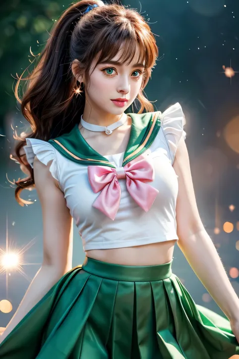 sailor jupiter. detailed face, detailed green eyes, sparkly makeup and glitter on her skin. she’s wearing sailor jupiter green o...