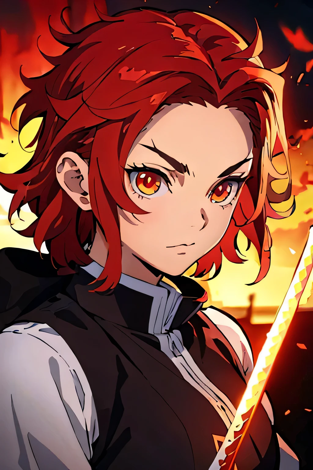 A detailed, red hair and striking orange highlights, dressed in the style of the Demon Slayer anime, holding a katana sword, beautiful detailed eyes, extremely detailed eyes and face, long eyelashes, intricate hairstyle, portrait, highly detailed, 8k, photorealistic, cinematic lighting, vibrant colors, dramatic atmosphere, fantasy concept, female, demon slayer, red hair, female, teen girl, spiky hair, short hair, messy hair