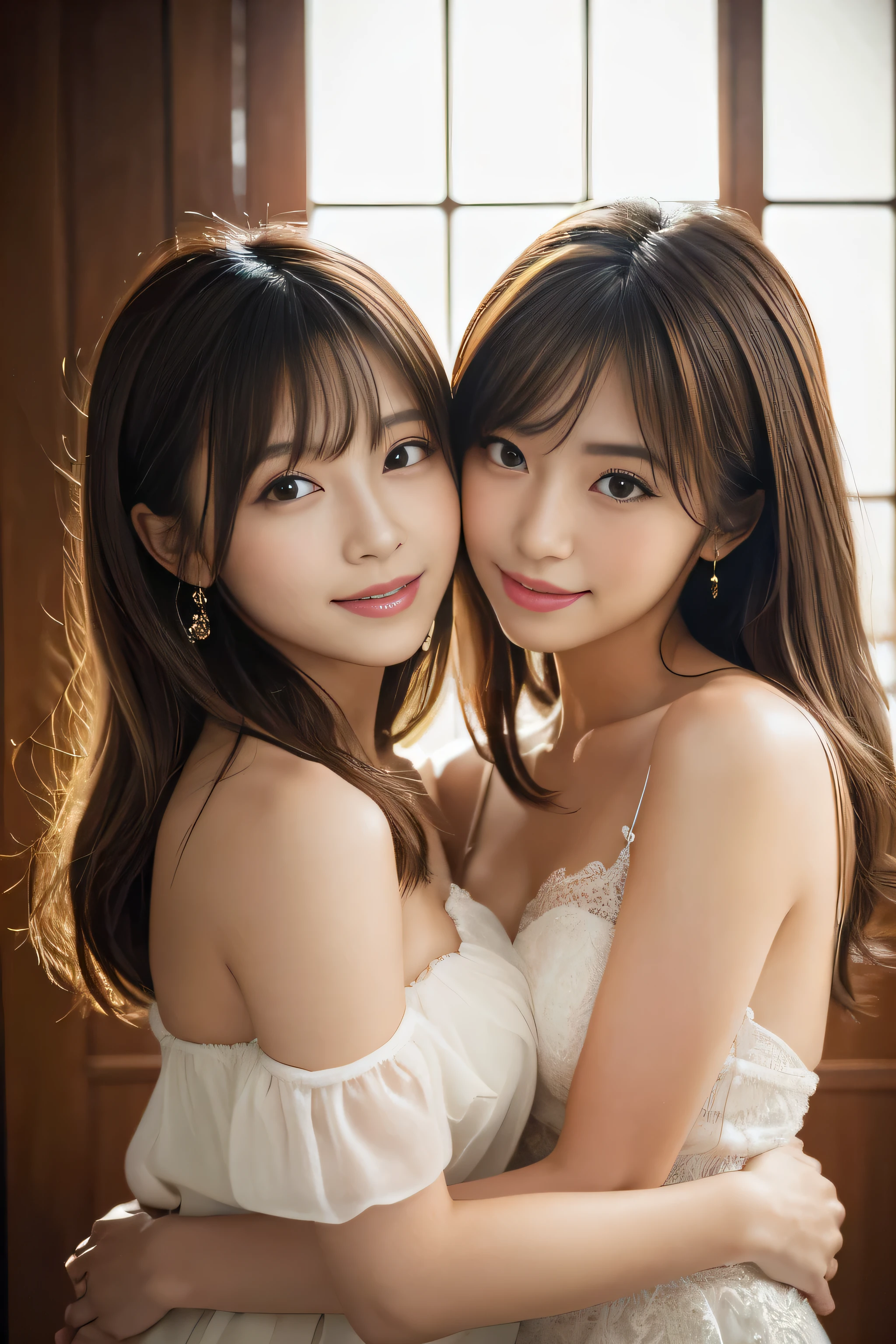 (2girl:1.3), gorgeous beautiful & elegant, (beautiful portrait of two women:1.25), (best quality, masterpiece:1.2), (photorealistic:1.2), 16K, absurdres, beautiful eyes, (light brown hair, asymmetrical hair, asymmetrical bangs, messy hair), full round face, (hug each other:1.2), (seductive smile:1.2), (dynamic lighting), (upper body), highly detailed,(close-up:1.1), Attractive 2 Japanese woman Pictures, 