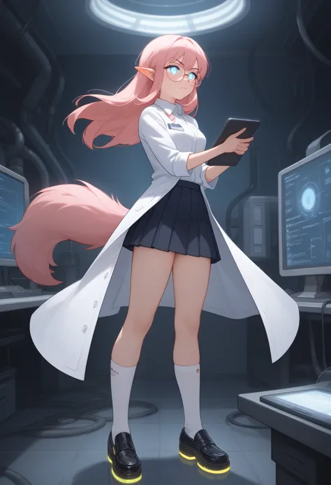 a young female scientist with distinct wolf-like features, such as pointed ears and a long, soft, pink tail. her expression is f...