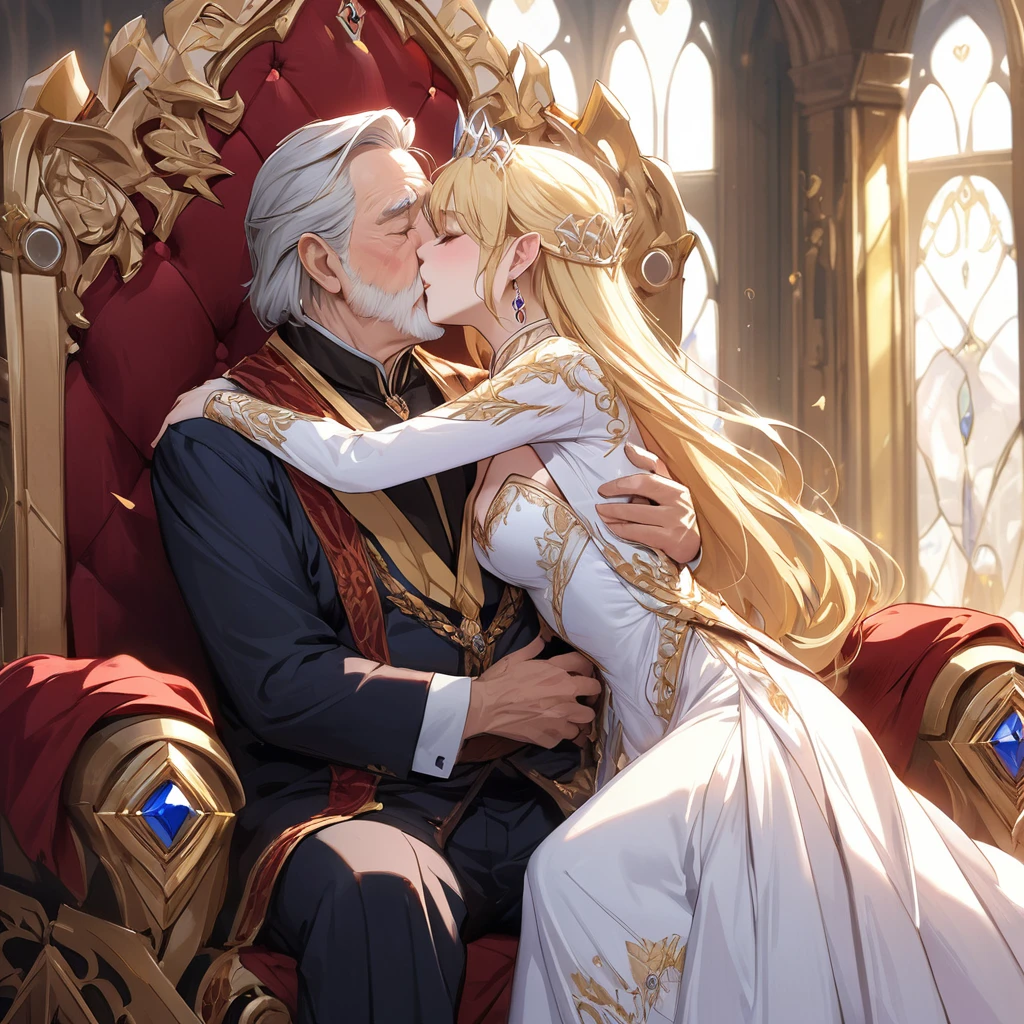 ((Best Quality)), ((masterpiece)), (detailed), （Perfect Face）、The woman was Seras Ashlain, a blonde high elf queen wearing a royal white dress with gorgeous gold embroidery and trim, adorned with gorgeous jewelry and an engagement ring.、On a large, luxurious throne, a woman is embracing, kissing and snuggling with an elderly man. A dignified king and an elegant, noble queen who loves and follows the king with all her heart.、The old man is a king and he embraces the woman and makes love to her