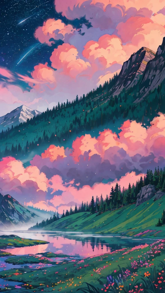 "Anime nature wallpaper of a tranquil mountain meadow at dawn, with a pink and purple sky and gentle mist rising from the ground. Cool, serene colors with stars twinkling in the sky, creating a peaceful and calm atmosphere."