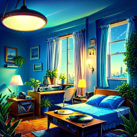 lo-fi illustration of a bedroom, early evening sky.  some lights in the city mixing with the natural light from the window, a li...