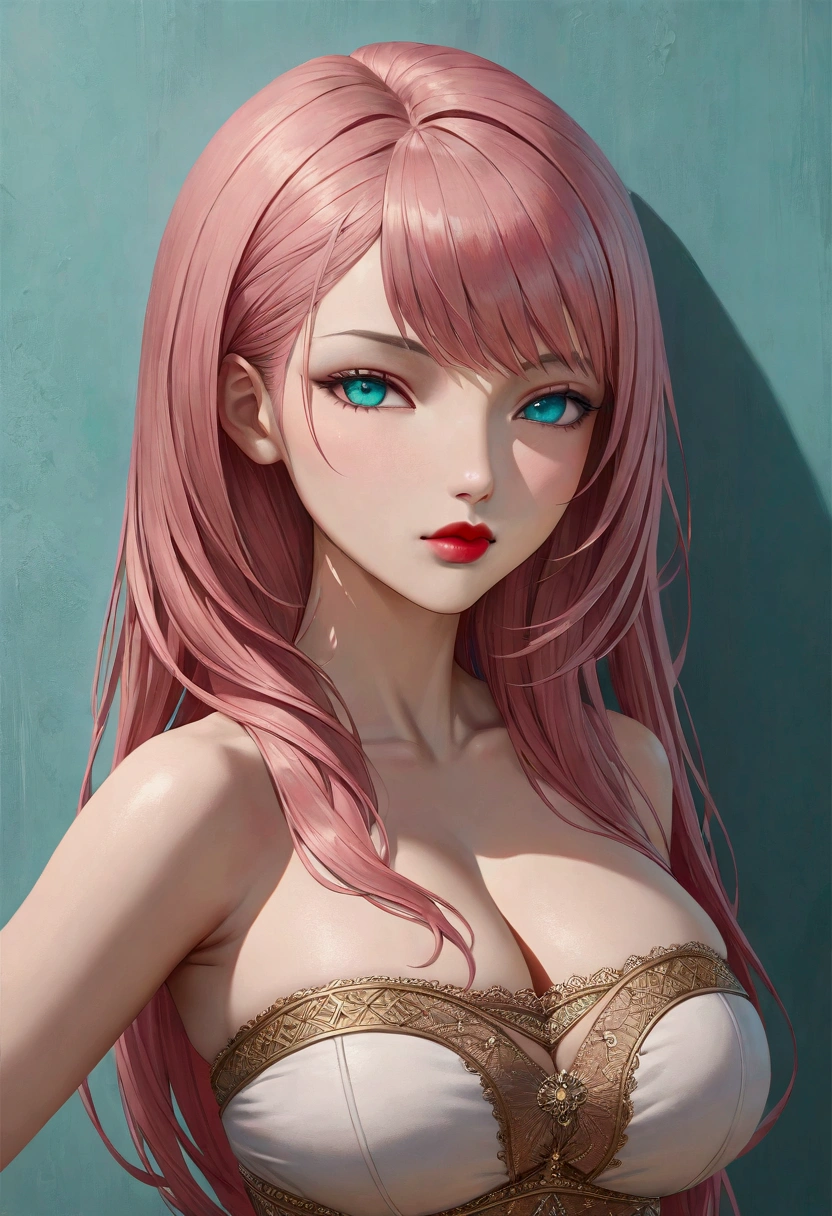 (best quality, highres), portrait, upper body, cool type adult woman, long hair, swept-side bangs, [[[pink hair]]], teal eyes, big breasts, plain wall, ultra detailed cg, hyperrealistic and photorealistic style, detailed skin texture and coloring, cleavage, tube top, red lips
 