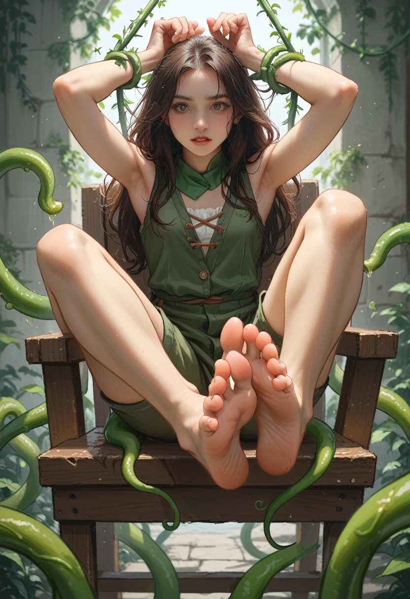 Biologist woman. Alluring female, Beautiful appearance. Long hair, Alluring face, In her late 30's. She is seated inside a large restraining chair, (she is sitting on the "immobilizing chair"). Her limbs immobilized by stone manacles and padding, Wrists restrained above her head, feet exposed, soles visible. Seductive appearance, hiking outfit, small breasted, Tickled silly. (Touched by magical vines), (feathery flowers and vines poke her all over, touching her soles, fingers itching her toes). Hearty laughter.