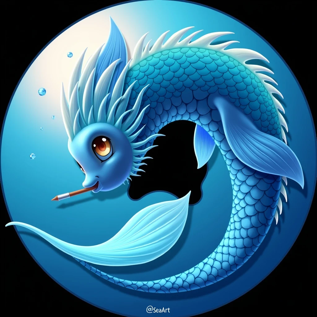 Digital 2D Artwork，Sticker style，Chibi style，Cute mermaid，The head and tail form a ring，The body is served on a blue donut-shaped sauce tray，Blue and white fish tail，Blue and white fish head，Happy face，Cute big eyes，Holding a paintbrush in mouth，antlers，There is the text &quot;SeaArt&quot; below