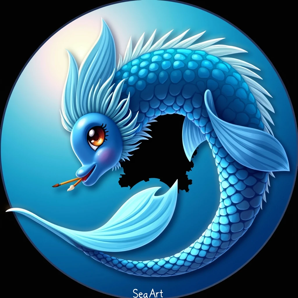 Digital 2D Artwork，Sticker style，Chibi style，Cute mermaid，The head and tail form a ring，The body is served on a blue donut-shaped sauce tray，Blue and white fish tail，Blue and white fish head，Happy face，Cute big eyes，Holding a paintbrush in mouth，antlers，There is the text &quot;SeaArt&quot; below