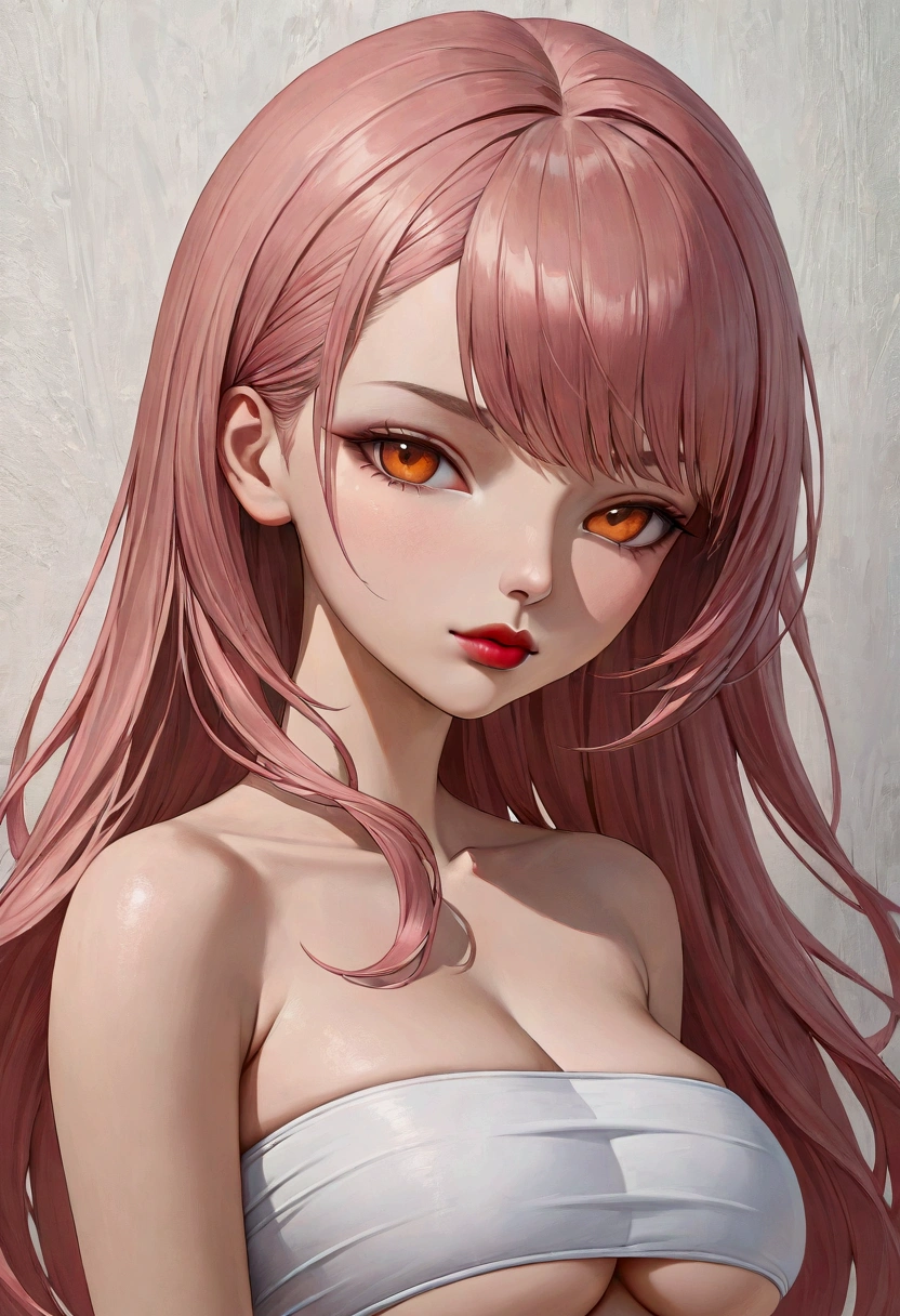 (best quality, highres), portrait, upper body, young cool type girl, long hair, swept-side bangs, [[[pink hair]]], orange eyes, big breasts, plain wall, ultra detailed cg, hyperrealistic and photorealistic style, detailed skin texture and coloring, (underboob), tube top, red lips
