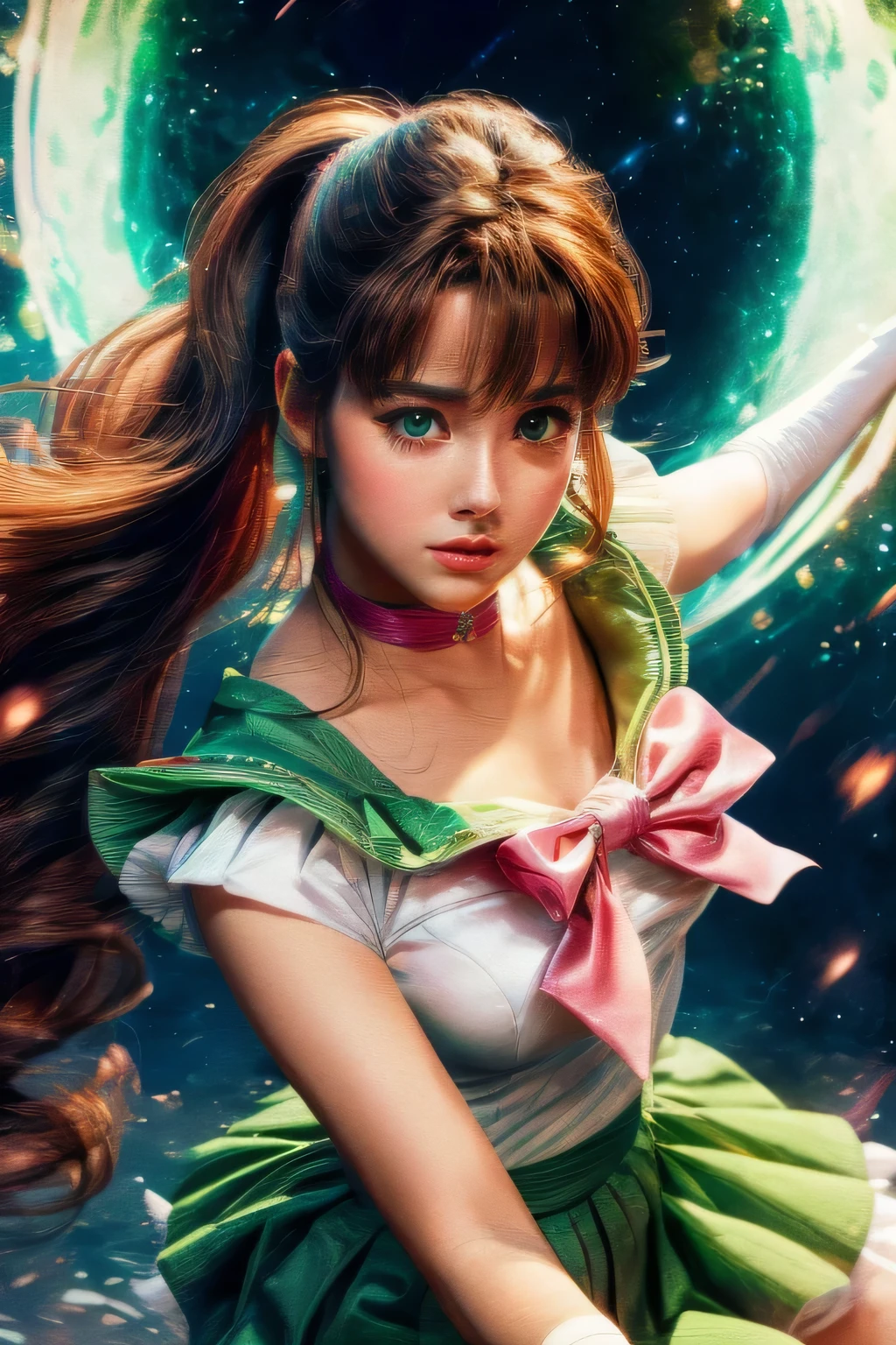 sailor jupiter, realistic, beautiful detailed eyes, beautiful detailed lips, extremely detailed face and eyes, long eyelashes, sailor jupiter green outfit, green skirt, pink ribbon, white top, high ponytail with full bangs hair, cinematic lighting, vibrant colors, dramatic pose, intricate costume details, dynamic action, photorealistic, (best quality,4k,8k,highres,masterpiece:1.2),ultra-detailed,(realistic,photorealistic,photo-realistic:1.37), 1980 dark fantasy movie