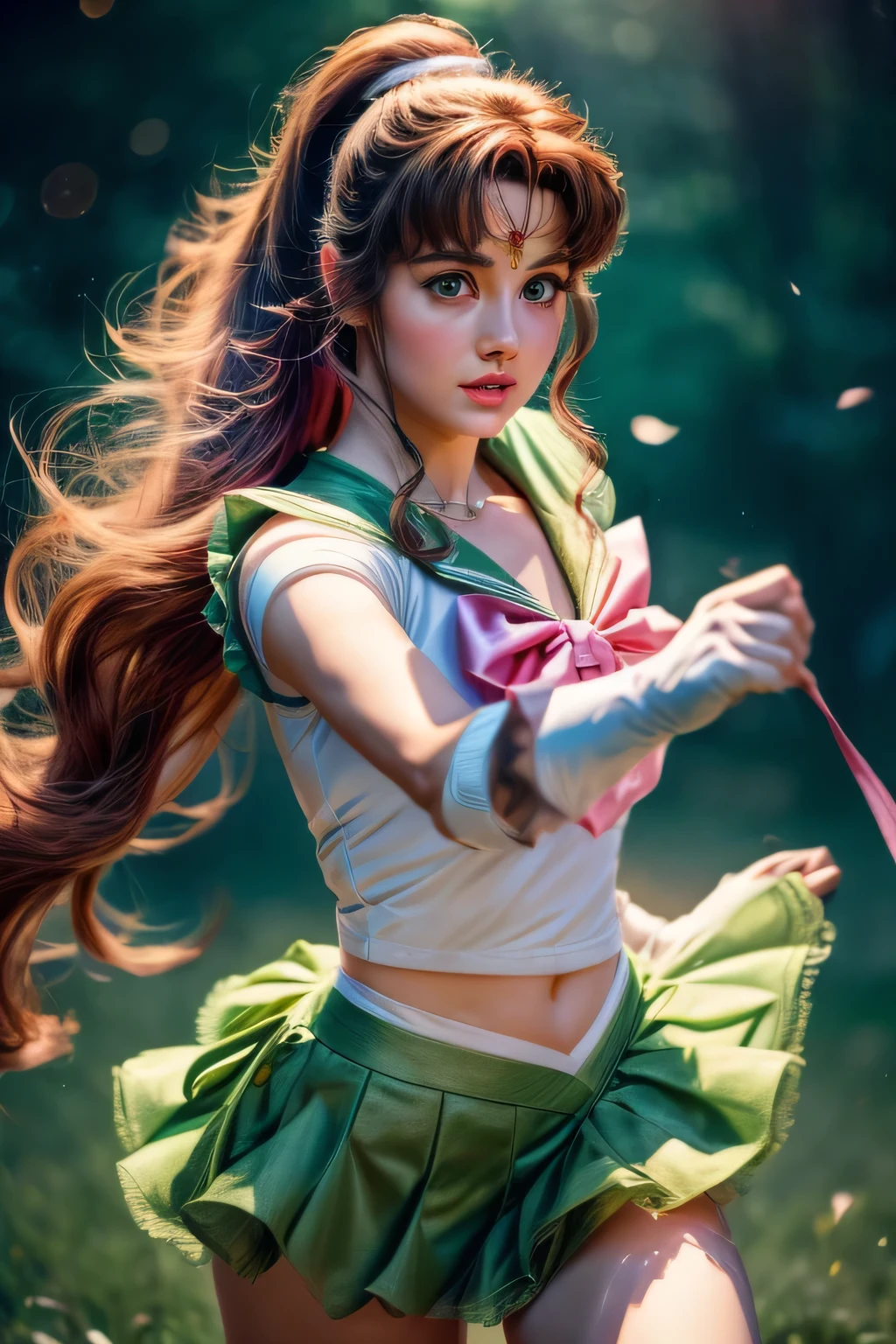 sailor jupiter, realistic, beautiful detailed eyes, beautiful detailed lips, extremely detailed face and eyes, long eyelashes, sailor jupiter green outfit, green skirt, pink ribbon, white top, high ponytail with full bangs hair, cinematic lighting, vibrant colors, dramatic pose, intricate costume details, dynamic action, photorealistic, (best quality,4k,8k,highres,masterpiece:1.2),ultra-detailed,(realistic,photorealistic,photo-realistic:1.37), 1980 dark fantasy movie