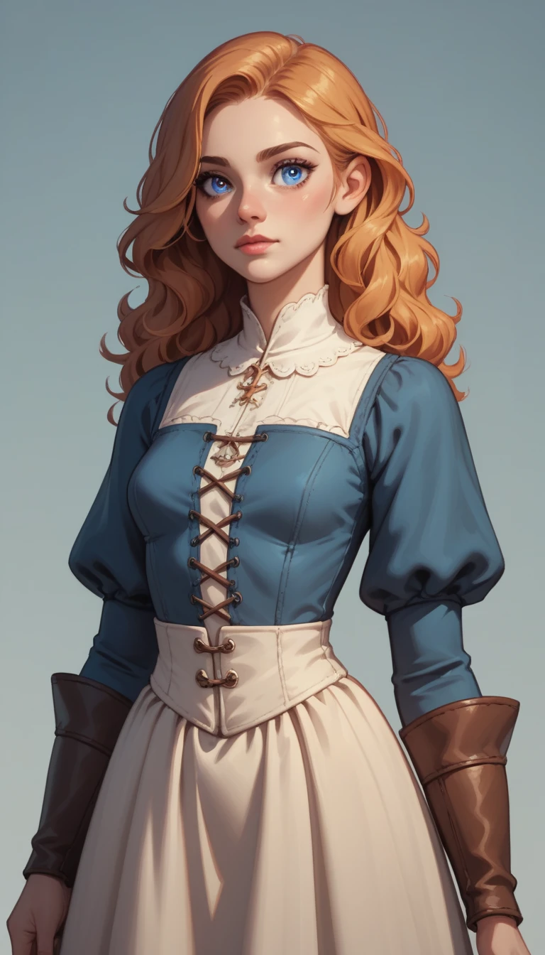 waist-length portrait, Best quality, masterpiece, contrasting light, best light and shadows, rich colors of the image, 2D illustration, empty background, front view, light-colored clothing in medieval fantasy style, female character, young character, slender and graceful physique, fair skin, blue eyes, long wavy golden hair, cheerful expression, small nose, high cheekbones, almond-shaped eyes, small ears.