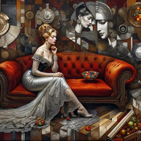 painting of a woman sitting on a couch with a bowl of fruit, elaborate digital art, intricate oil painting artwork, by galen dar...