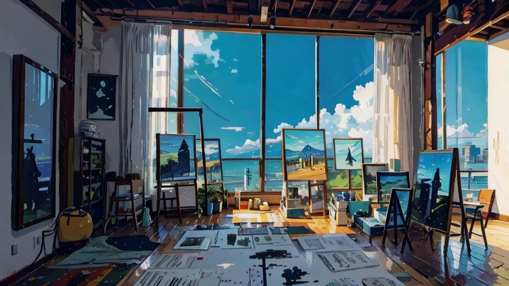 minimalist style painting, day time, nice view, painting studio