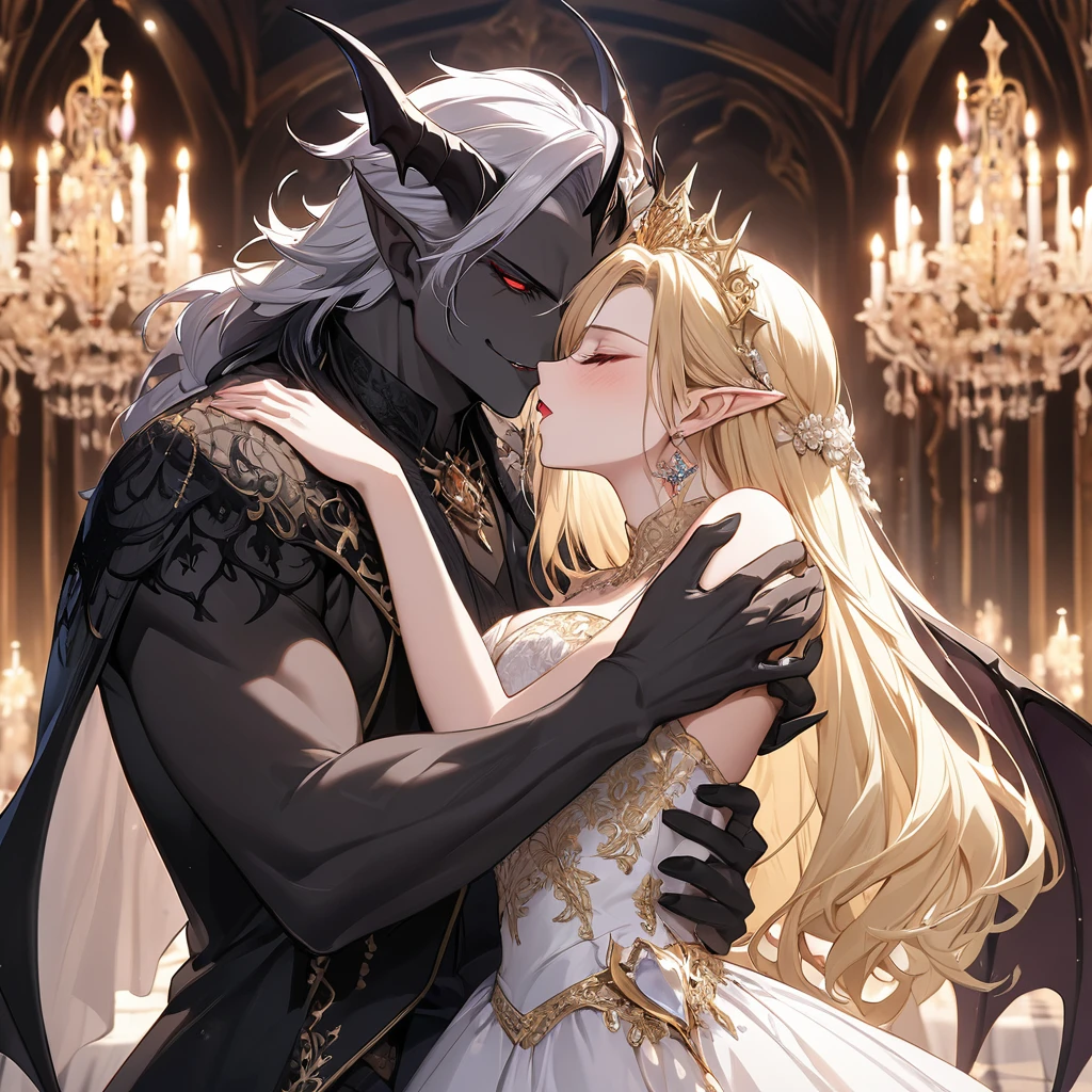 ((Best Quality)), ((masterpiece)), (detailed), （Perfect Face）、The woman was Seras Ashlain, a blonde high elf queen wearing a demonic black wedding dress with gorgeous gold embroidery and trim, adorned with gorgeous jewelry and an engagement ring.、In a luxurious and large evil wedding hall, a woman embraces a devil man, kisses him in a vow, and has a devil wedding.、A dignified demon king and an elegant and refined queen who loves and follows him dearly.、The demon man is the demon king and embraces the woman in love.