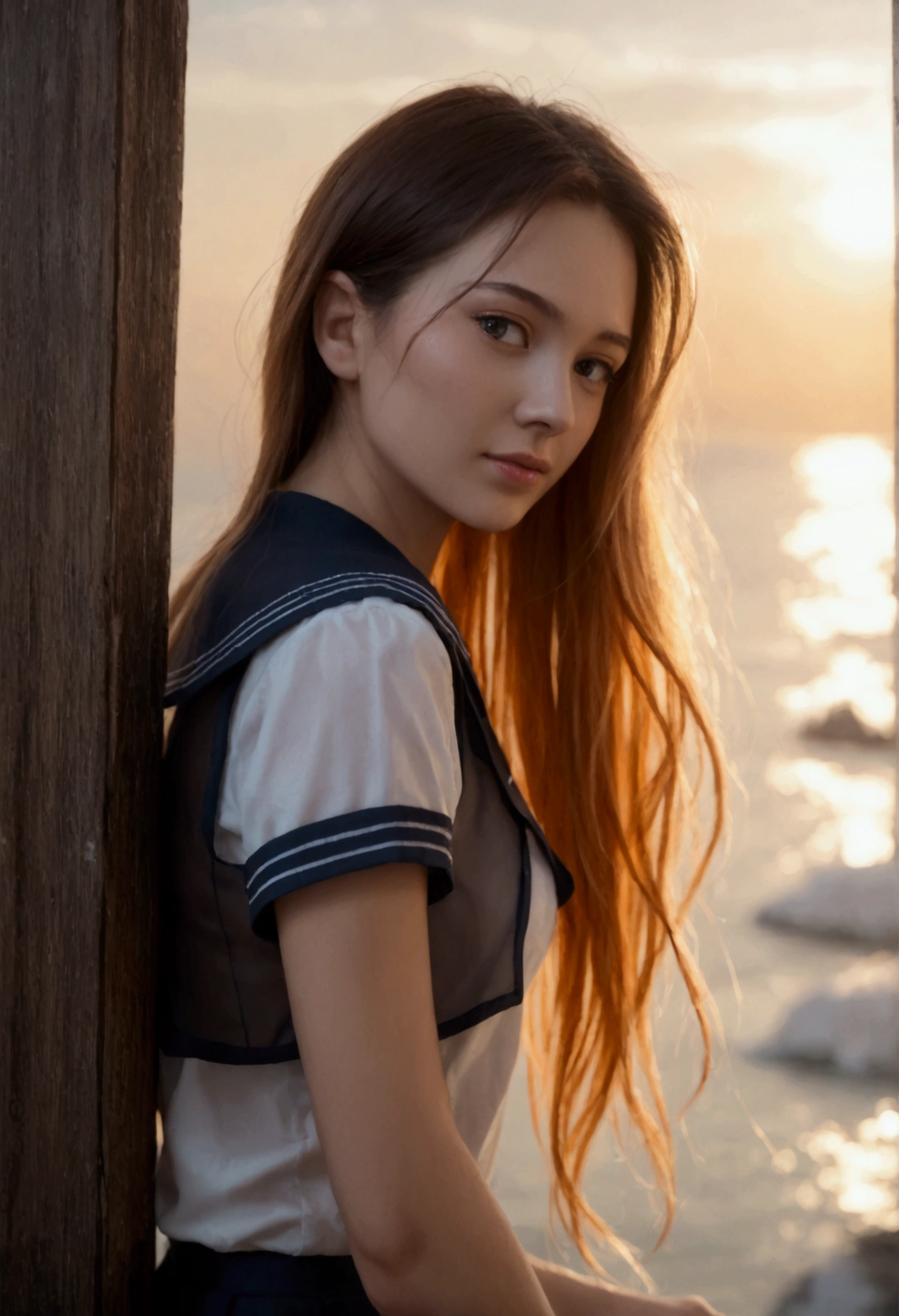 score_9, score_8_up, score_7_up, Realistic, A sultry siren in a sailor dress dominates the frame, leaning seductively against a weathered wooden dock. The navy pleated miniskirt and white  see-through shirt create a tantalizing contrast under the warm sunlight, casting a flattering glow on her porcelain skin. The soft focus background blurs out distractions, leaving only her captivating curves in sharp relief.