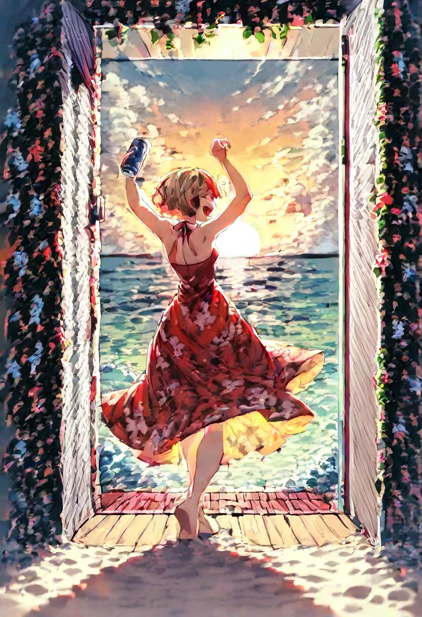 (A scene from 1940's in the pacific islands), 
(A girl in a (transparent tropical print red dress) is standing inside the doorway of a beach bungalow),
Behind her is a white sand beach and ocean waves,
sunset,
(her backlit silhouette can be seen through her thin dress:1.3),
(her arms are up and her hands are behind her head:1.3),
She has (backlit blond hair:1.1), the door floor and walls are made of teak wood,
her dress is blowing in the wind,
(she has a short bob hairstyle),
she has a wide open mouth smile and rosy cheeks,
(AS-YoungV2:1.3),
(masterpiece), (highres), 4k, 8k, huge filesize,best quality, extremely detailed, finely detail, intricate detail, ultra-detailed, tight tape gag, tape gagged, bondage, bound arma