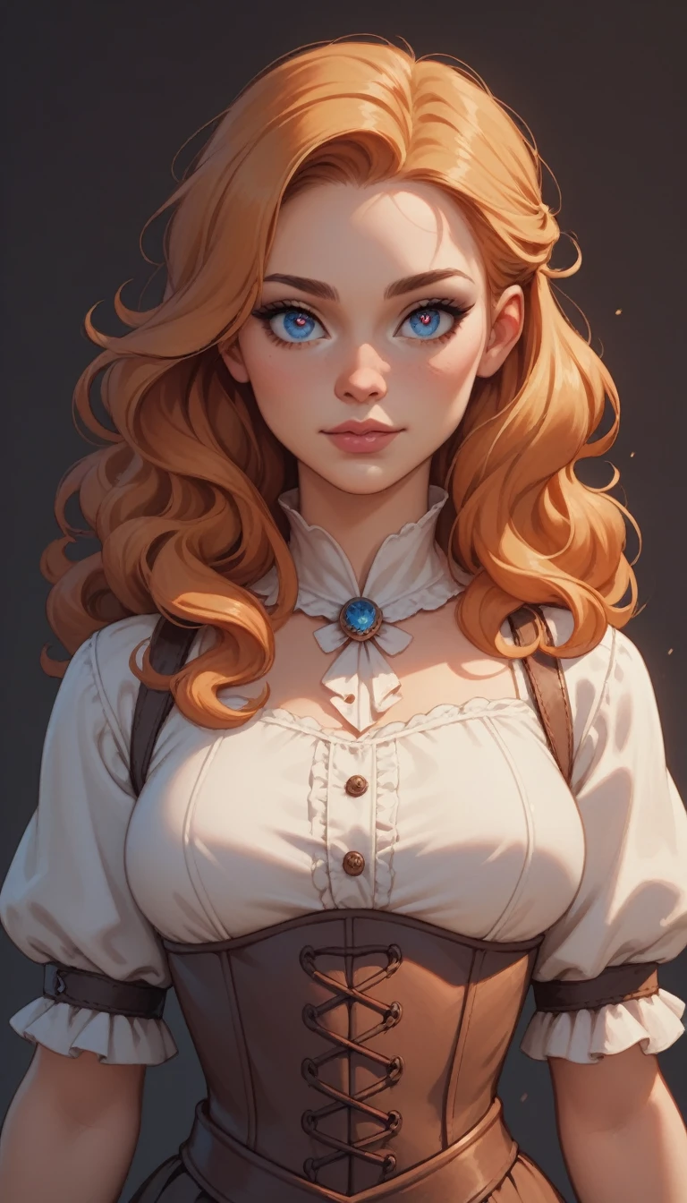 waist-length portrait, Best quality, masterpiece, contrasting light, best light and shadows, rich colors of the image, 2D illustration, empty background, front view, light-colored clothing in medieval fantasy style, female character, young character, slender and graceful physique, fair skin, blue eyes, long wavy golden hair, cheerful expression, small nose, high cheekbones, almond-shaped eyes, small ears.