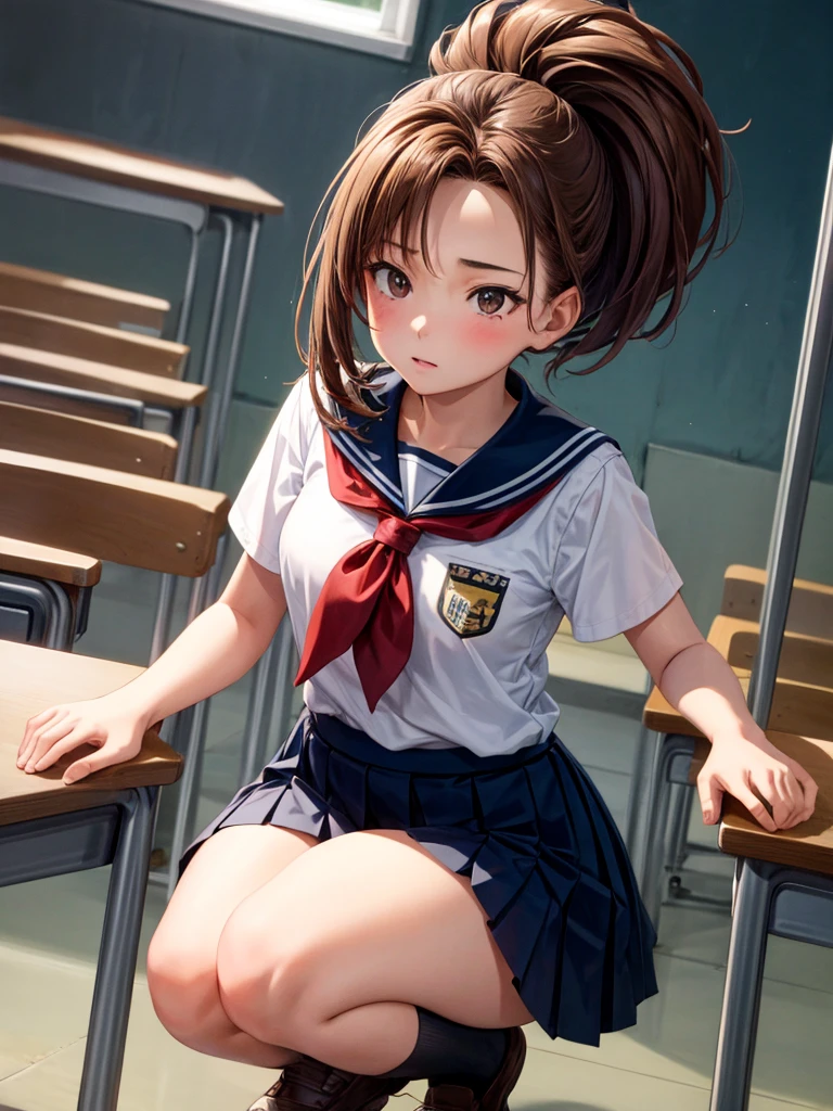 with a girl、high school girl、School classroom、cinematic lighting、embarrassing、squat and open your legs、(masterpiece, highest quality:1.2),figure,8k,HD,1 girl,alone,Brown_hair,folded_ponytail,Brown_eye,seraph,length_hair,School_uniform,skirt,pleats_skirt,