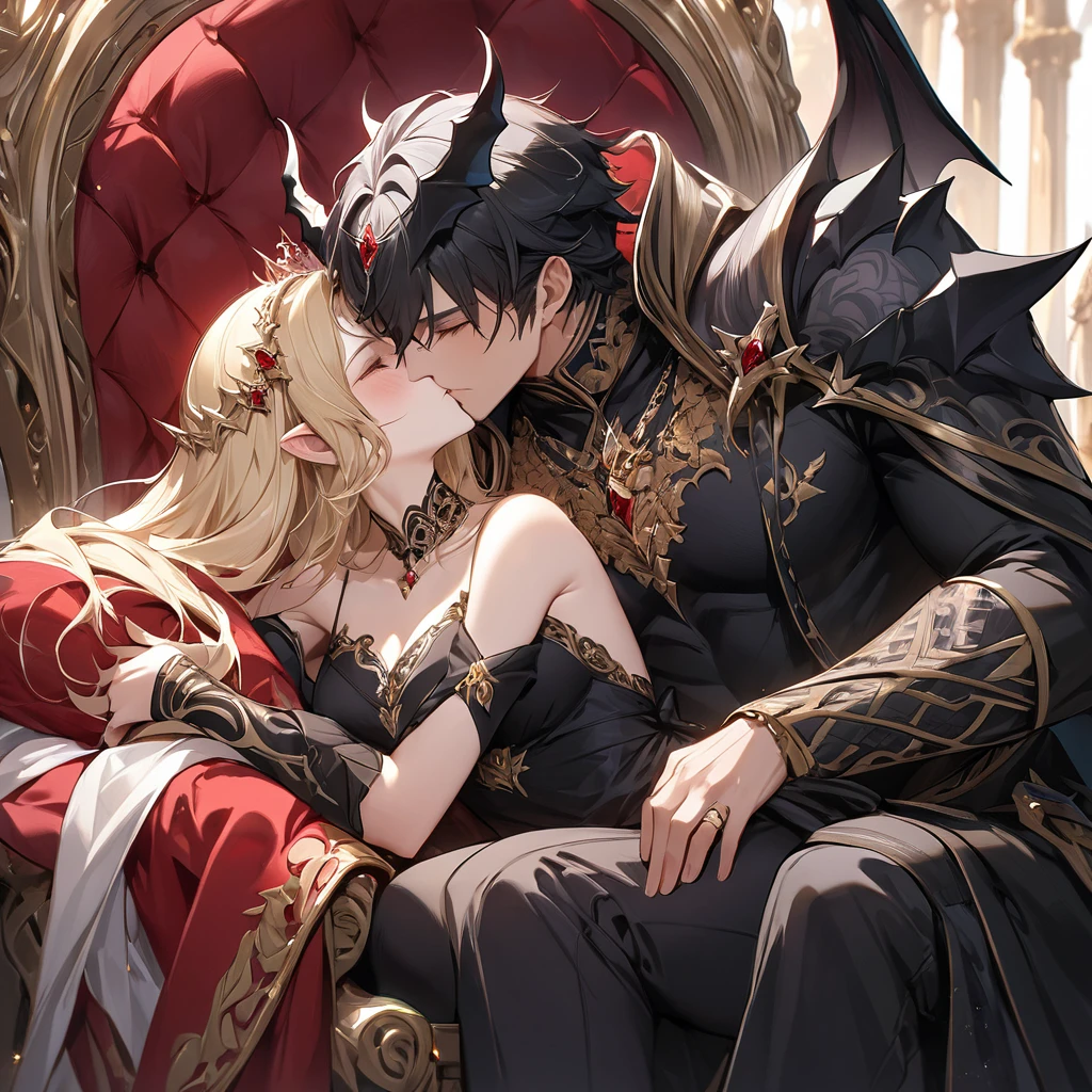 ((Best Quality)), ((masterpiece)), (detailed), （Perfect Face）、The woman was Seras Ashlain, a blonde high elf queen wearing a royal black dress with gorgeous gold embroidery and trim, adorned with gorgeous jewelry and an engagement ring.、On a large, luxurious throne, a woman is embracing a demon man, kissing him deeply and snuggling up to him. The dignified demon king and his elegant, noble queen are in love with him and follow him with all their hearts. They are a loving couple.、The devil man is a king and he embraces and loves the woman