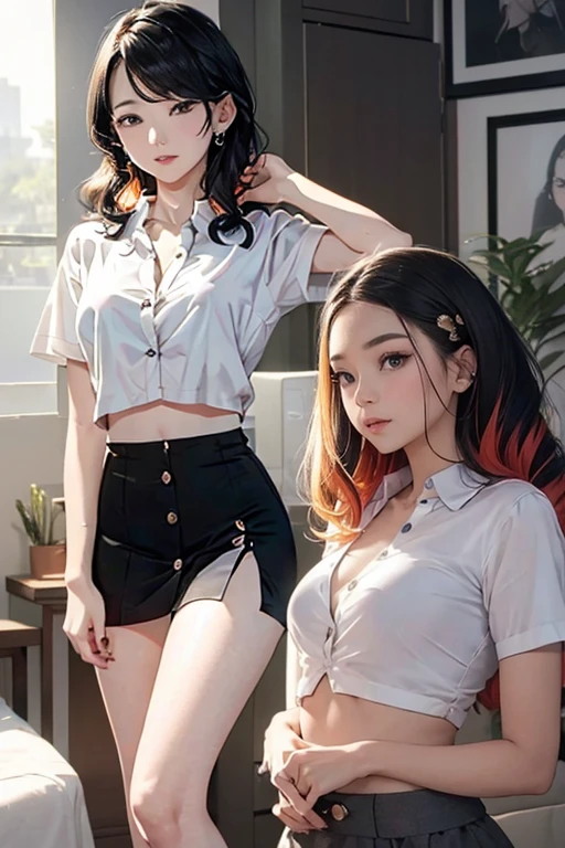 Top quality, RAW Photo, Highest Quality Image, 16K, Full body, Age 22, Realistic, Photorealistic,  Beautiful Asian woman, Sexy, body, White pale skin, ((( Multicolor Hair ))), ((( Short and wavy hairstyle ))), Modern hairstyles, Detailed face, Detailed body, Detailed skin, Double eyelids, Very Big eyes, long eyelashes, bright eyes, green eyes, natural lips, detailed lips, ((( Very Small breasts, Flat Breasts ))), posing in bedroom studio, sunny day light,  ((( wearing White Short sleeves Shirt, black short skirt ))),  ((( All Buttons are Unbuttoned ))), no bra, ((( piercings ))), ((( piercing bellybutton with jewelry )))