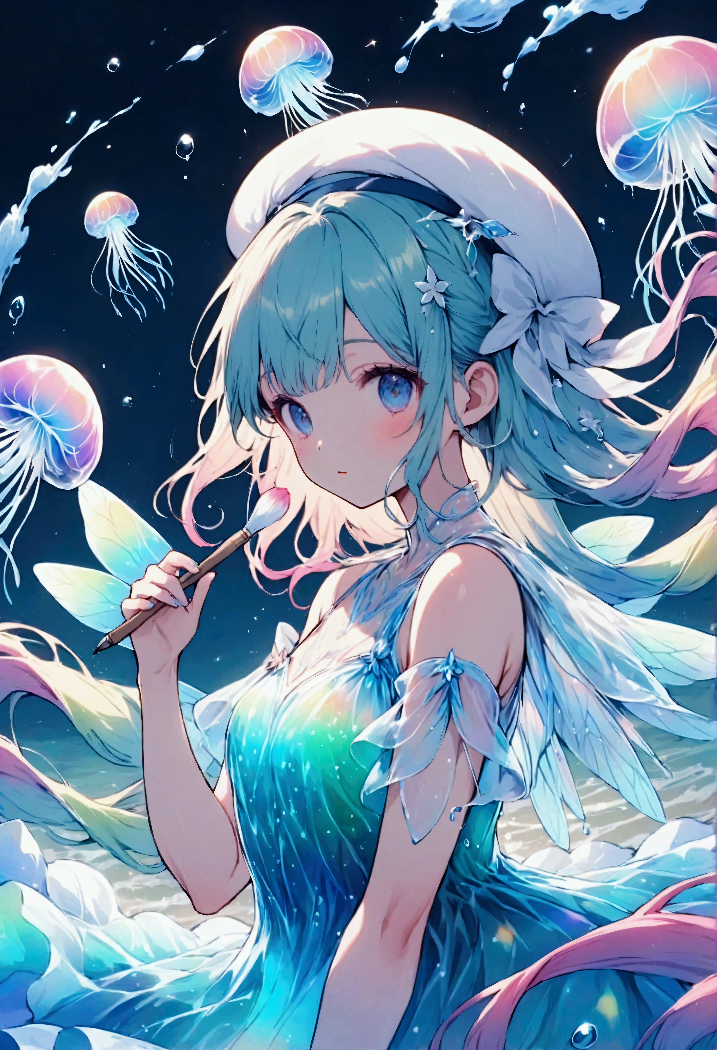 A small sea fairy with a transparent blue body resembling a water droplet, delicate jellyfish-like wings on its back, and a stylish artist's beret on its head. The fairy is holding a paintbrush in its hand, flying through the air, and using the waves and wind of the sea to paint. Surrounded by soft sea foam and gentle breezes, the character radiates creativity and joy. The atmosphere is whimsical and artistic, with warm, friendly expressions that emphasize the fairy's role as a cheerful and imaginative mascot. The scene captures a light and playful mood, with a focus on the fairy's beret and artistic tools.,Anatomically correct,colorful,colorfulな呪文を唱える,Colorful,Absurdly beautiful,Transparency,Bioluminescent Dress,Flying Jellyfish,Water Drop,舞い踊るcolorfulな水しぶき